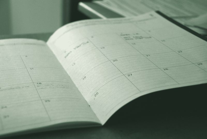 An open monthly planner on a desk